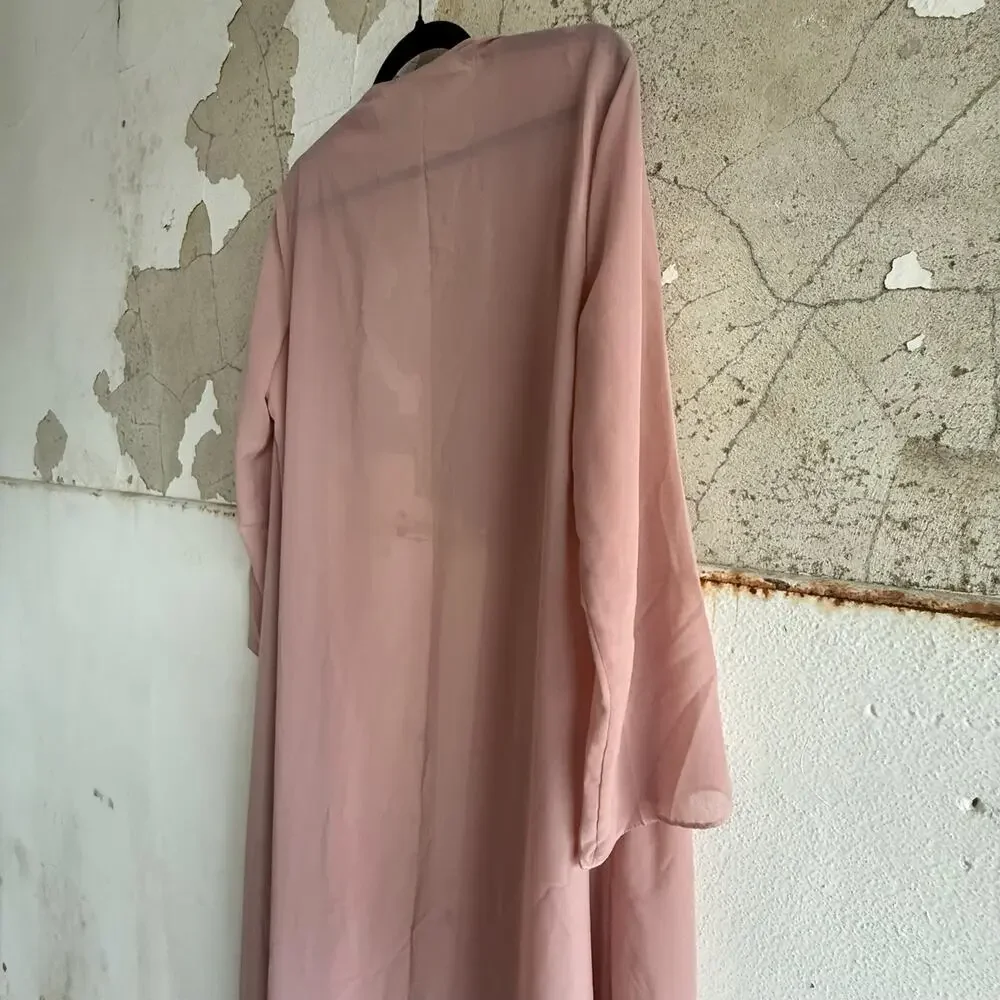 Kimono Robe Duster Long Embroidered‎ Lace Trim Romantic Sheer Blush Pink - Picture 3 of 6